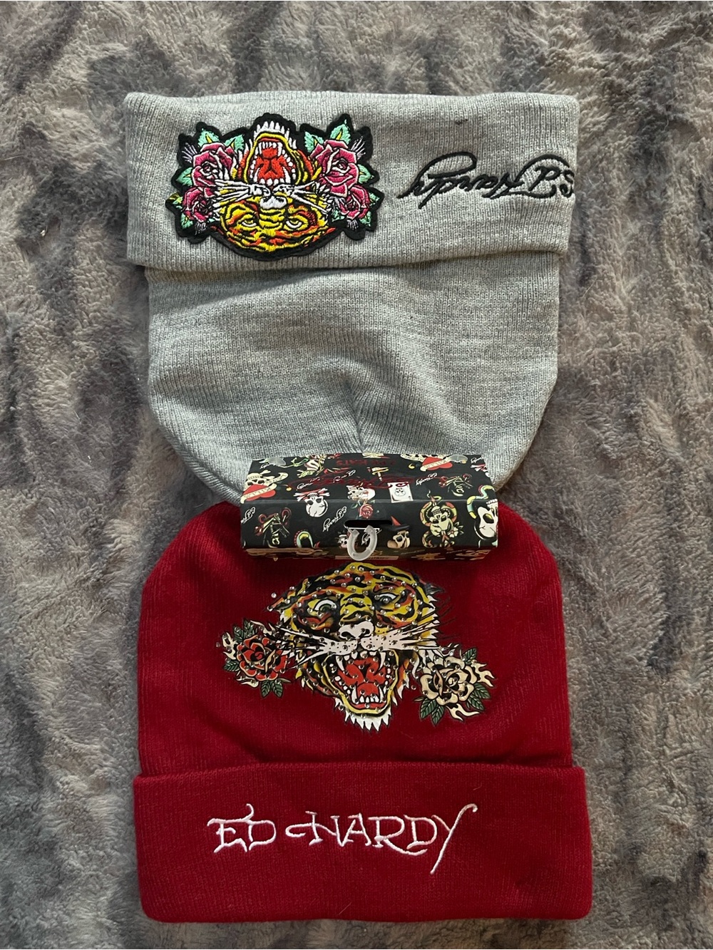 TWO (2) Ed Hardy Grey & Red Tiger Patch Beanies